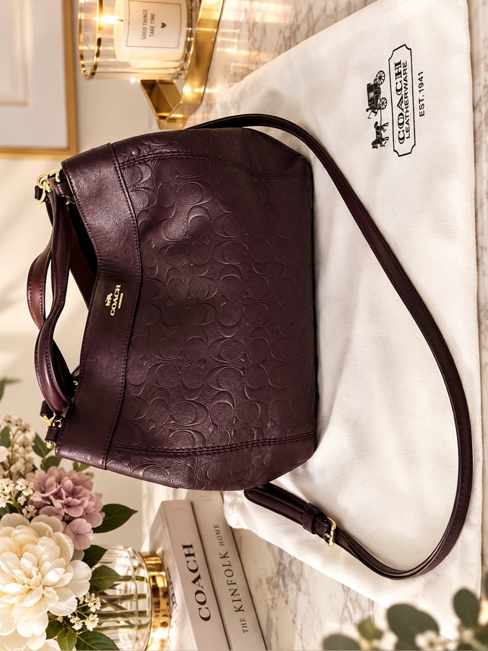 Coach Burgundy Signature Embossed Leather Shoulder Bag / Crossbody + Satin Dust